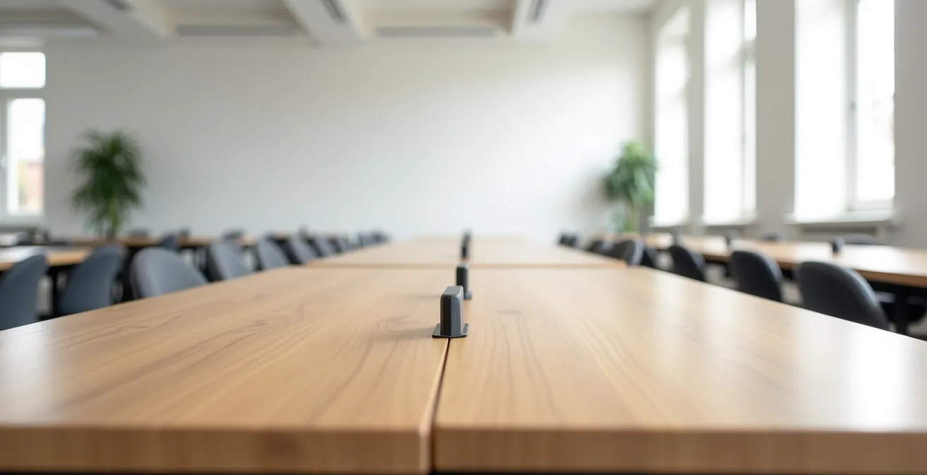 Alignement géométrique de bureaux identiques dans un espace lumineux