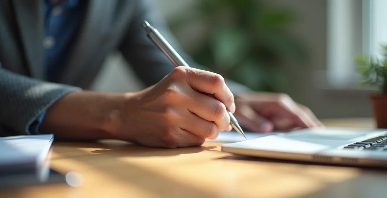Gros plan sur des mains posées sur un bureau en bois, stylo métallique entre les doigts