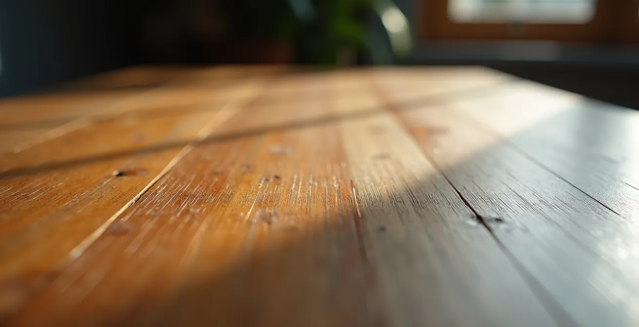 Détail macro de la texture du bois d'un bureau avec veines naturelles