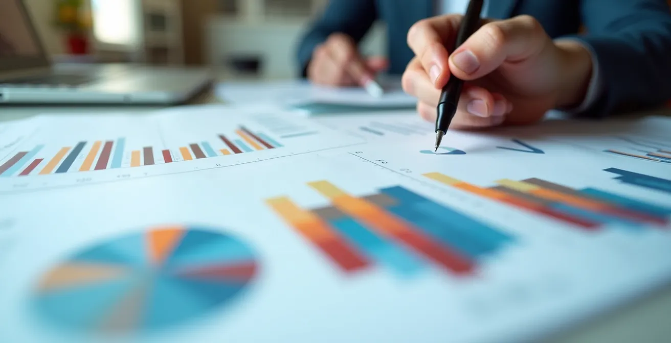 Vue macro de documents d'analyse stratégique avec graphiques colorés, main tenant un stylo, détails texturaux visibles sans texte lisible.