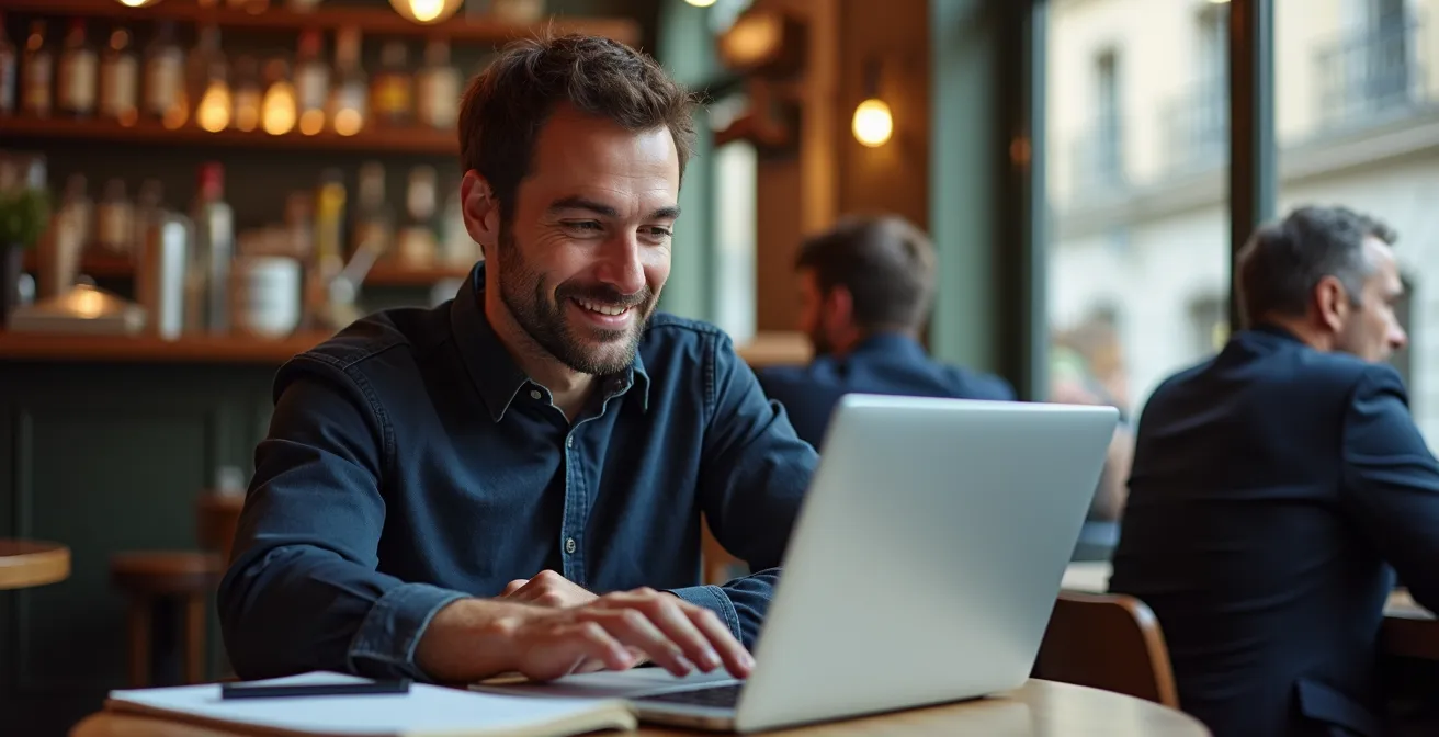 Entrepreneur en visioconférence dans un café parisien, ordinateur portable fermé sur la table, carnet de notes ouvert.
