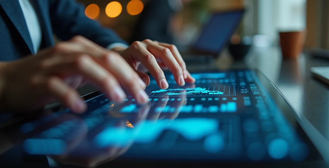 Vue macro de mains analysant des graphiques d'engagement sur tablette dans un bureau moderne