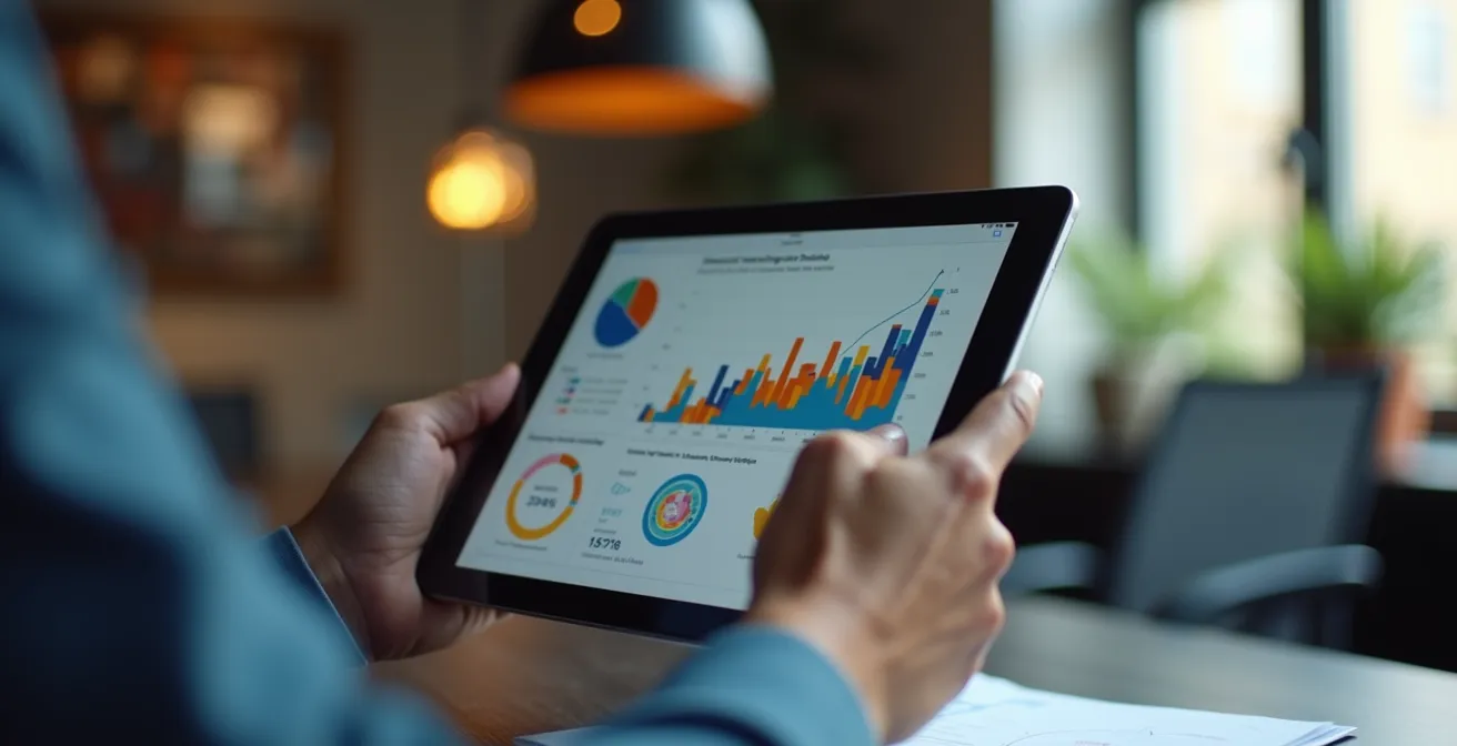 Professionnel analysant des graphiques de performance sur tablette dans un environnement de travail moderne