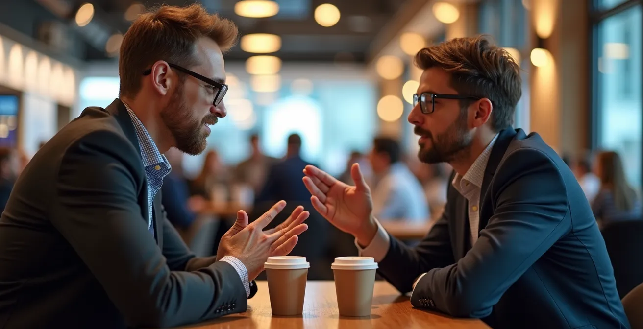Deux professionnels échangeant dans l'espace café d'un salon technologique français