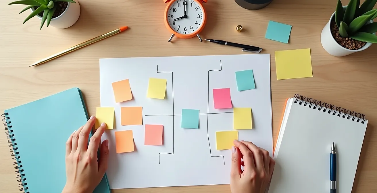 Analyse stratégique de contenu sur bureau avec documents et graphiques