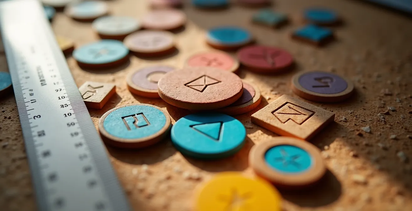 Vue macro de cartes et jetons colorés organisés sur une surface représentant l'audit d'outils SaaS