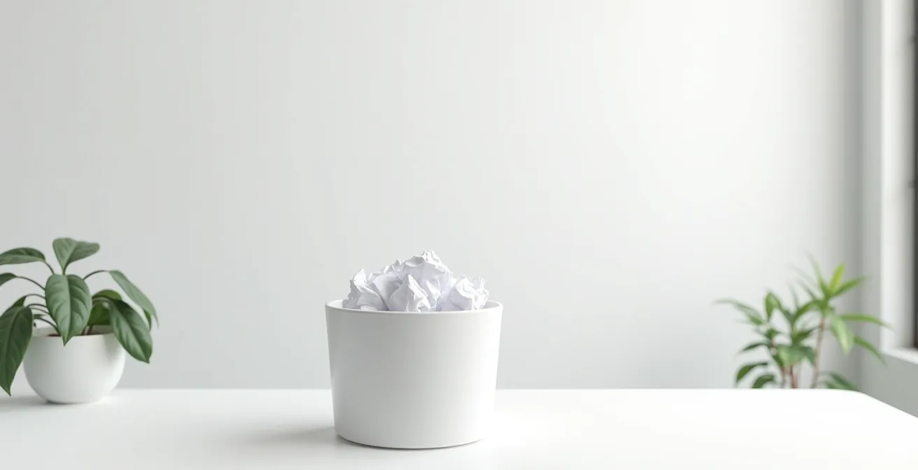 Vue minimaliste d'un bureau épuré avec une corbeille design et des papiers froissés représentant le tri des données