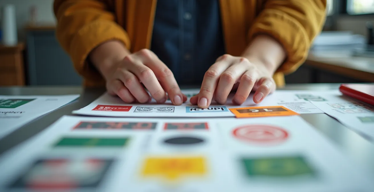 Espace de travail créatif organisé avec séries d'éléments visuels en production simultanée