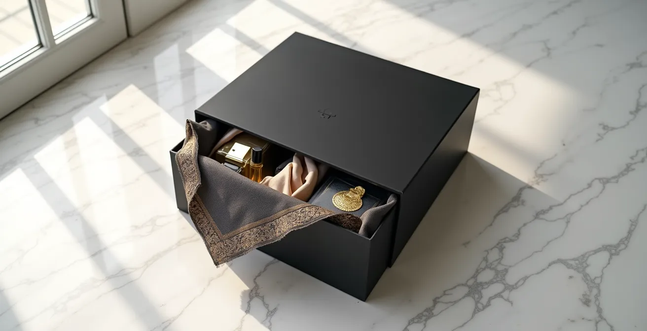 Box d'abonnement collaborative ouverte révélant des produits de luxe dans un environnement minimaliste