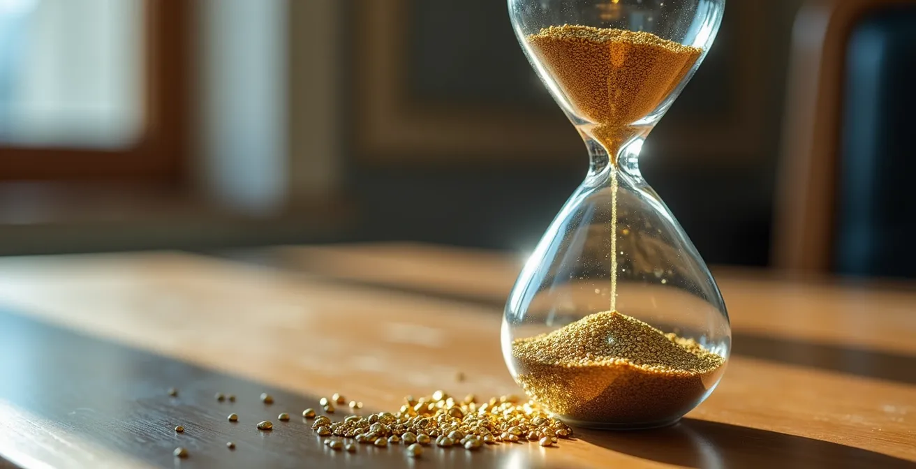 Métaphore visuelle du burn rate avec sablier et flux de trésorerie dans un contexte d'entreprise française