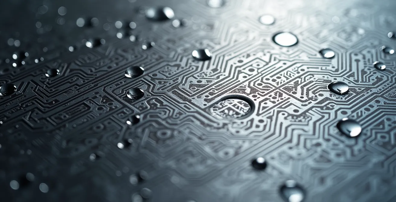 Macro photographie d'une surface technologique métallique avec reflets et textures complexes