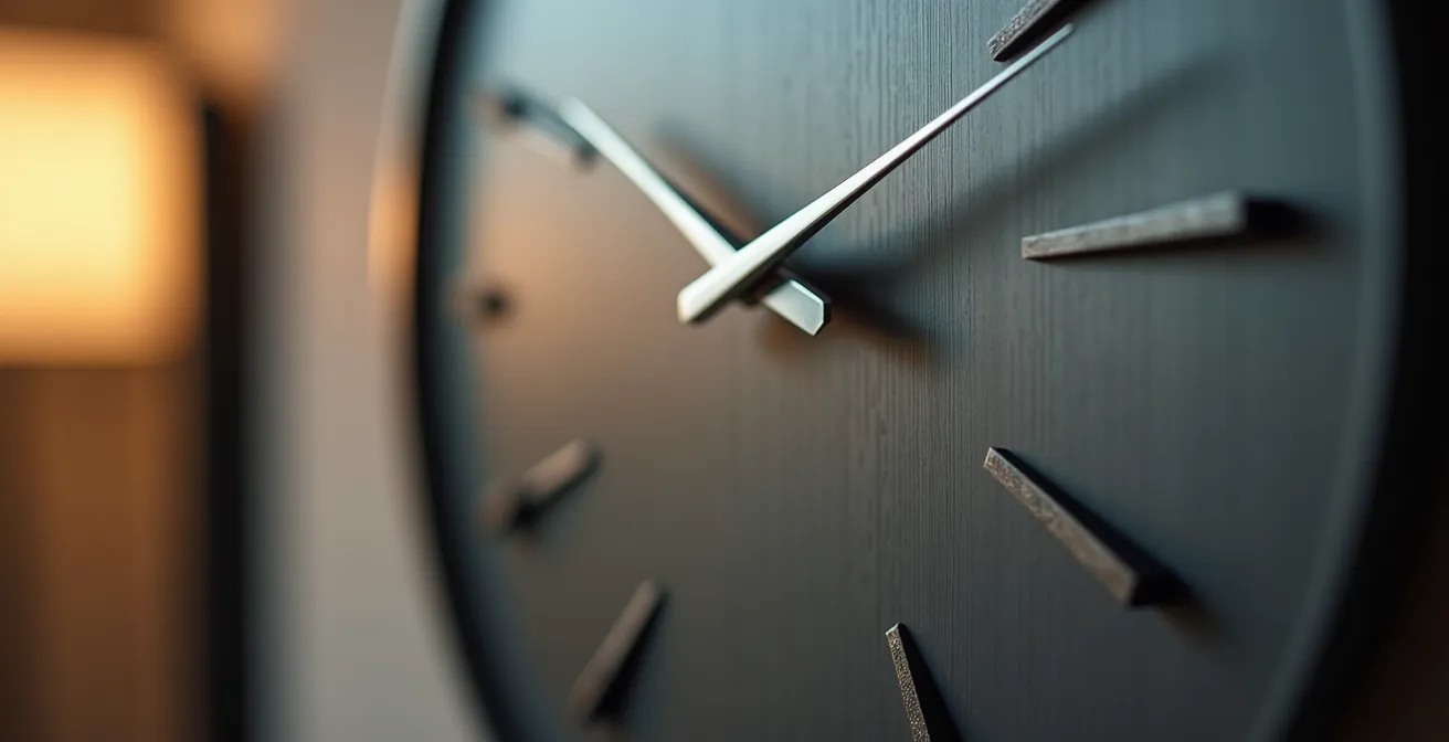 Vue macro d'une horloge moderne avec des icônes de réseaux sociaux abstraites positionnées sur différentes heures