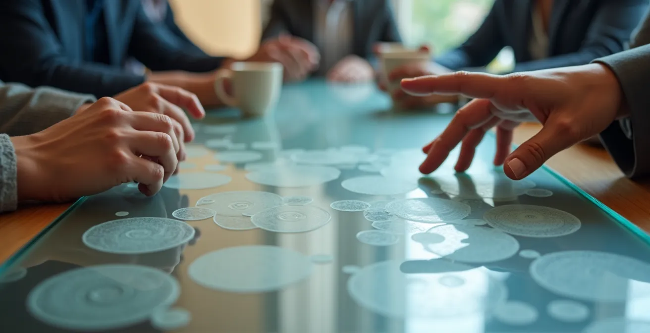 Vue macro d'une table de réunion avec des mains et des objets de travail, symbolisant une discussion stratégique.