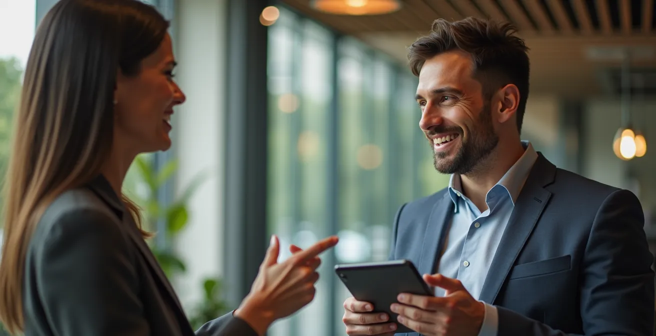 Commercial montrant une tablette à un client dans un environnement professionnel