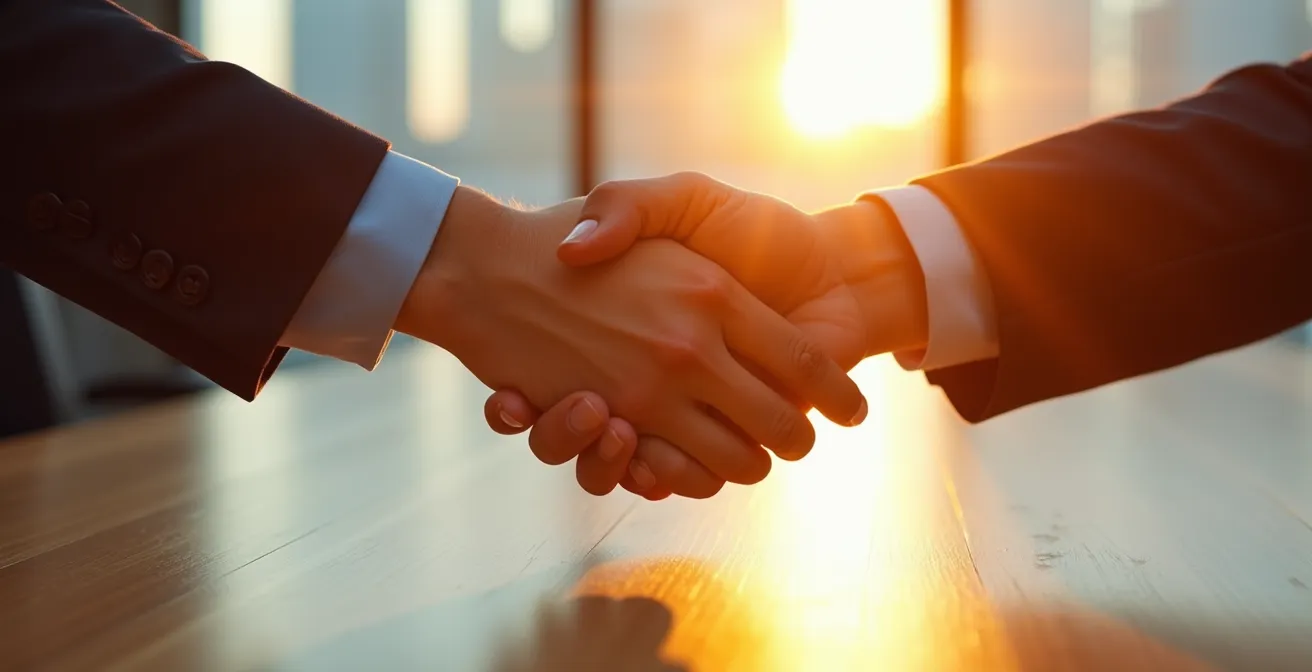 Deux mains se serrant au-dessus d'une table de réunion avec reflets dorés symbolisant la résolution positive d'un conflit