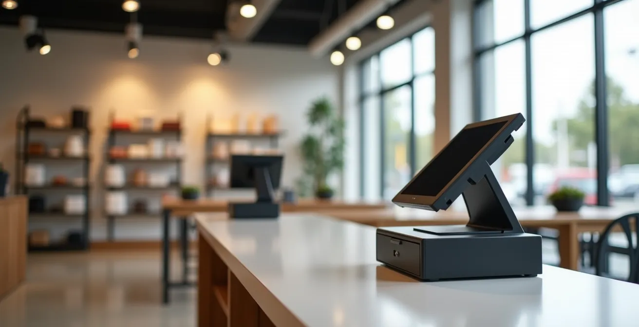 Intérieur de commerce avec terminal de paiement moderne et ambiance professionnelle