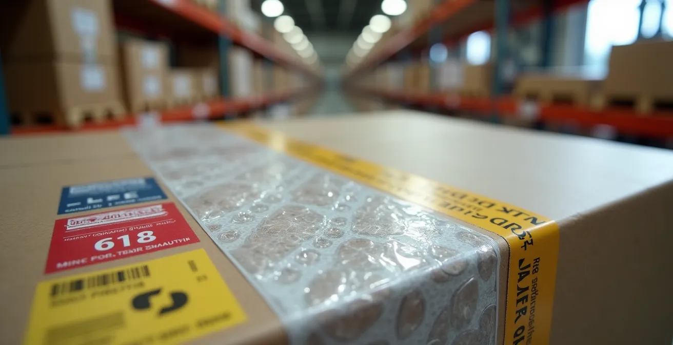 Vue macro de colis et étiquettes d'expédition dans un centre logistique français