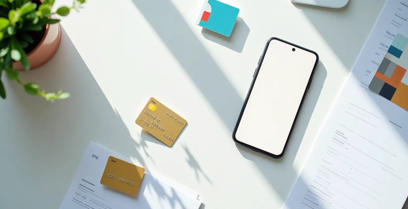 Vue aérienne d'un bureau avec différents moyens de paiement disposés de manière symbolique