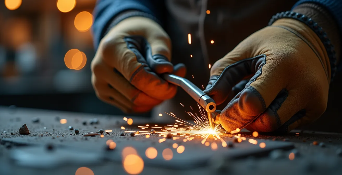 Atelier industriel français moderne avec ouvriers qualifiés travaillant sur machines de précision
