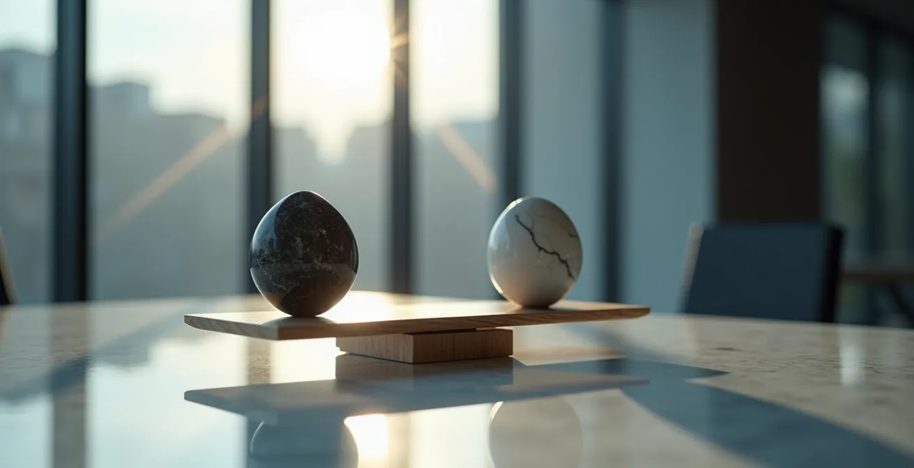 Représentation symbolique de l'équilibre entre deux marques partenaires dans un espace moderne