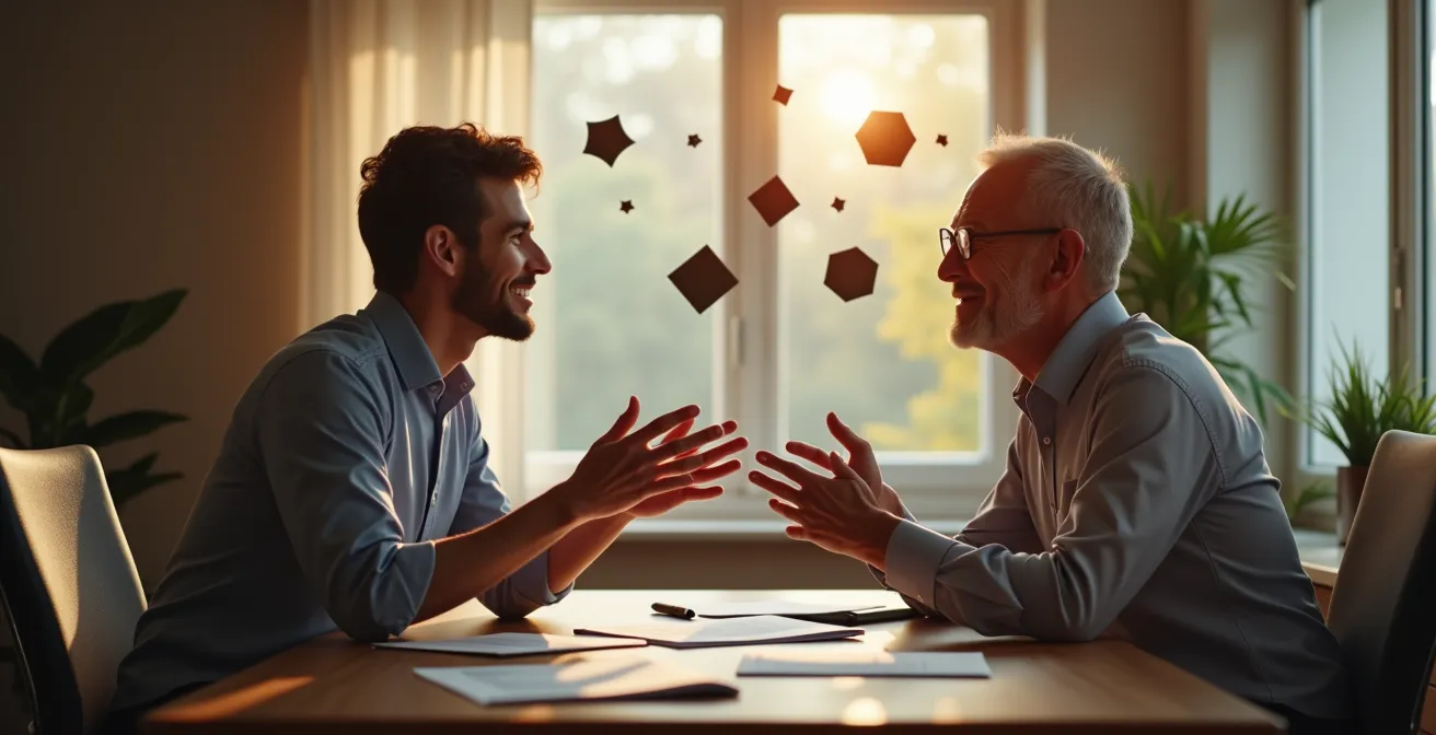 Session de formation collaborative montrant des employés de différentes générations s'entraidant autour d'outils numériques