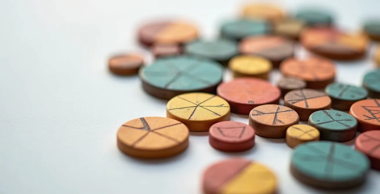 Gros plan macro sur des jetons colorés organisés en grille représentant différents segments de clients