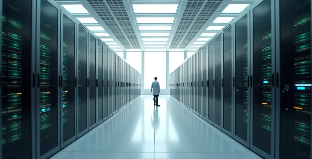 Vue aérienne d'un centre de données moderne avec serveurs et infrastructure réseau sécurisée