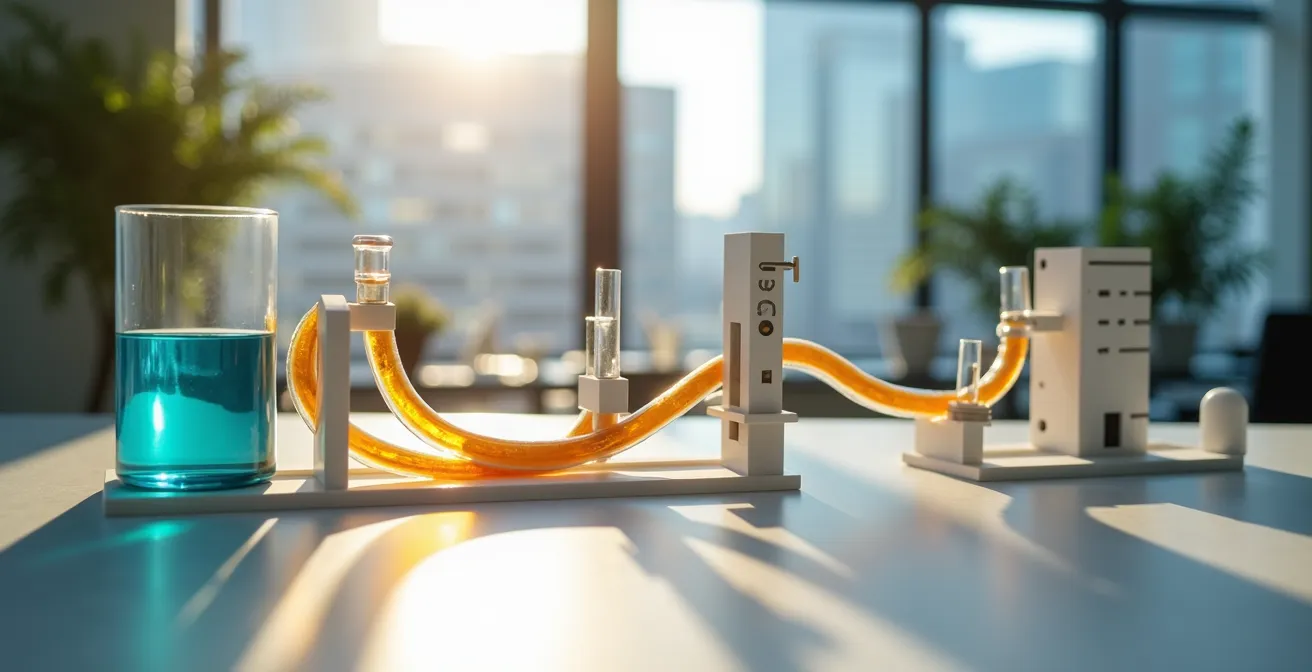 Flux de trésorerie représenté par des courbes fluides et des éléments visuels abstraits dans un environnement de bureau épuré