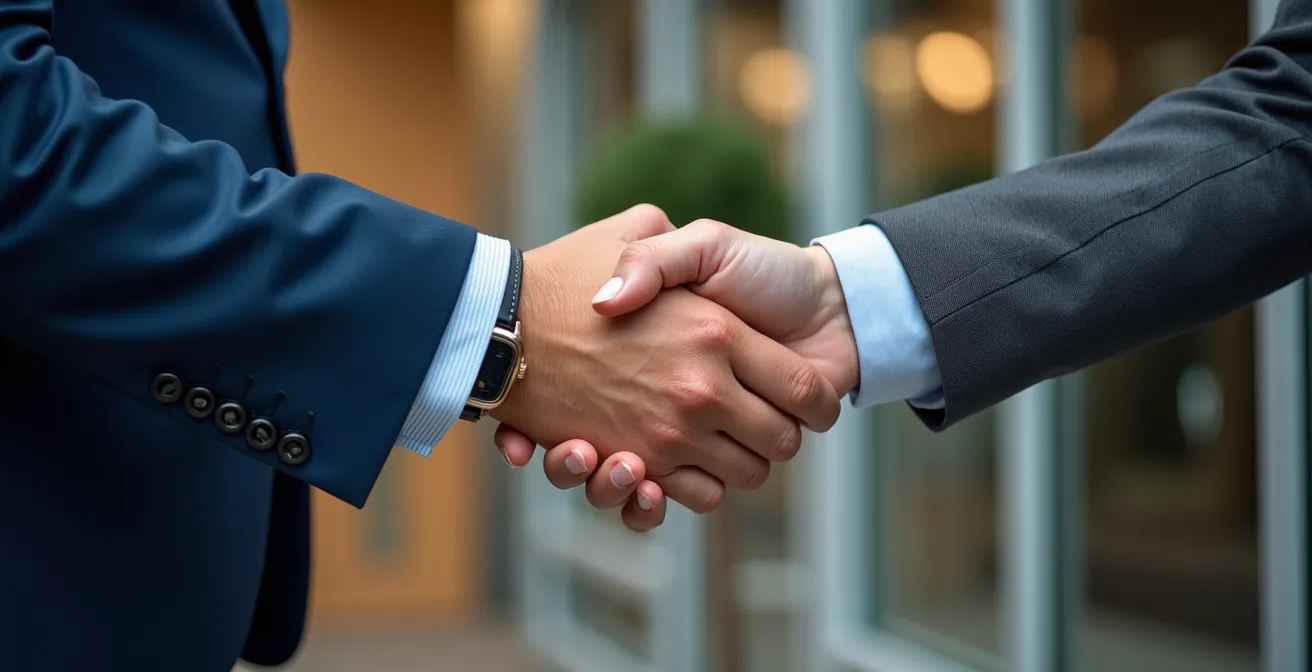 Poignée de main professionnelle symbolisant un accord de partenariat commercial