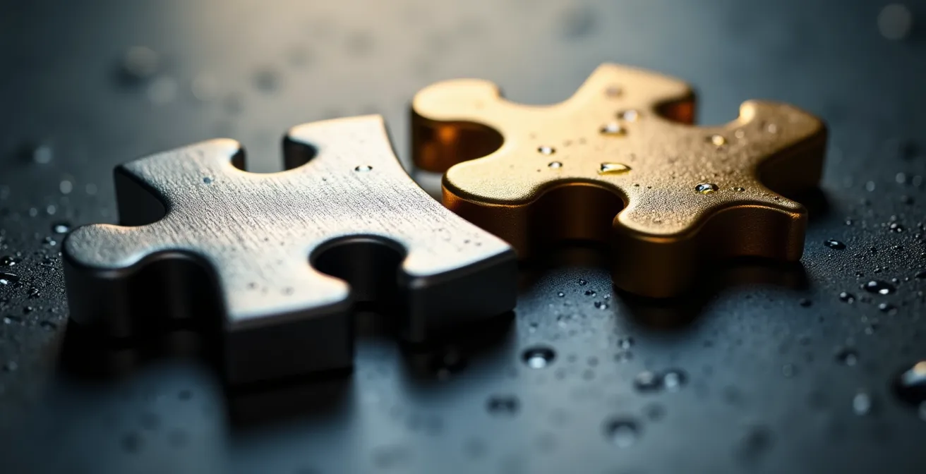Vue macro de pièces de puzzle s'emboîtant parfaitement avec des textures métalliques