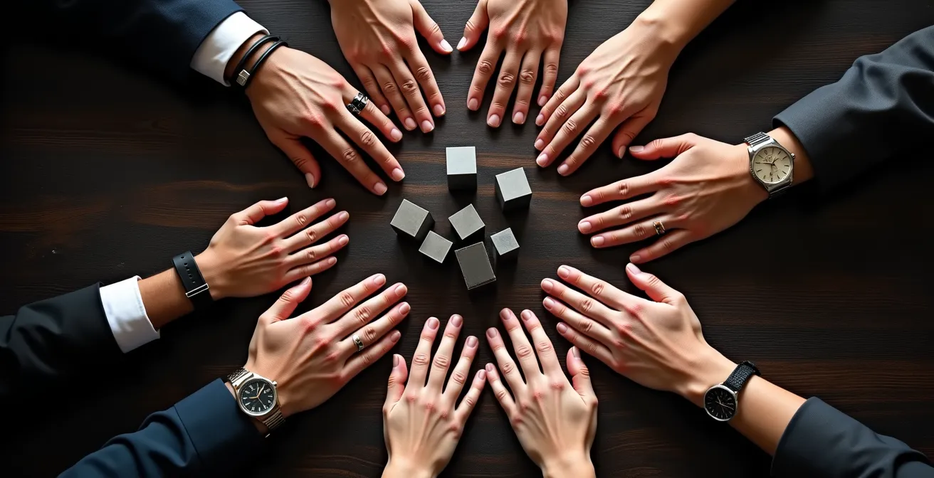 Mains d'entrepreneurs formant un cercle protecteur autour d'objets symboliques représentant des parts de capital.