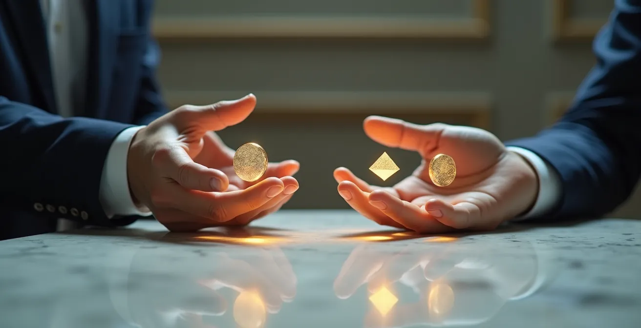 Échange de valeur symbolisé par des mains tendues partageant des éléments abstraits de connaissance