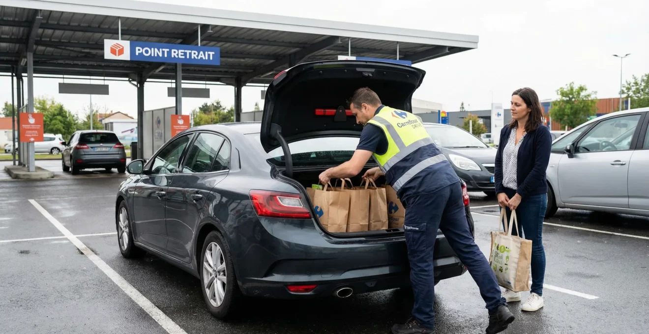 Employé drive chargeant courses dans coffre voiture parking moderne