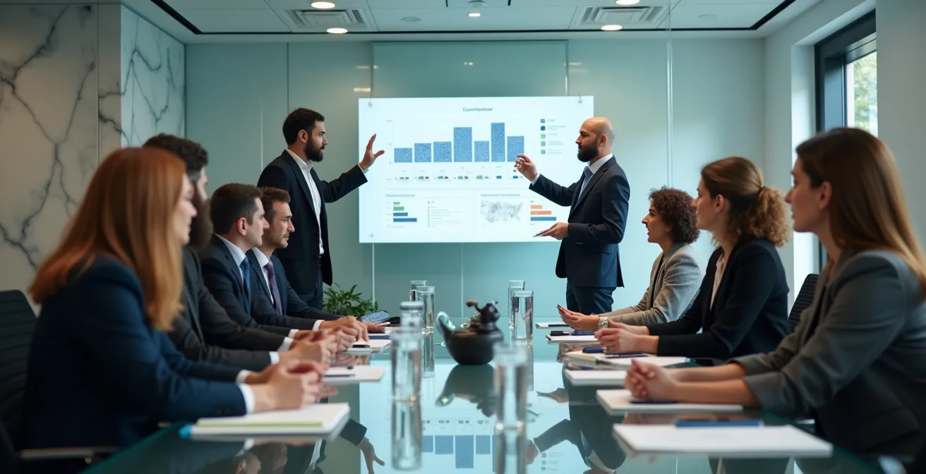 Réunion de conseil d'administration dans une PME française avec documents stratégiques floutés