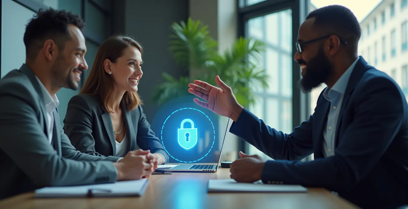 Groupe de professionnels travaillant ensemble avec des éléments symboliques de sécurité