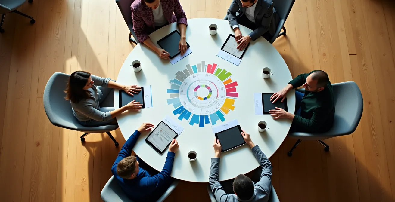 Vue aérienne d'une équipe en réunion stratégique autour d'une table avec graphiques de progression