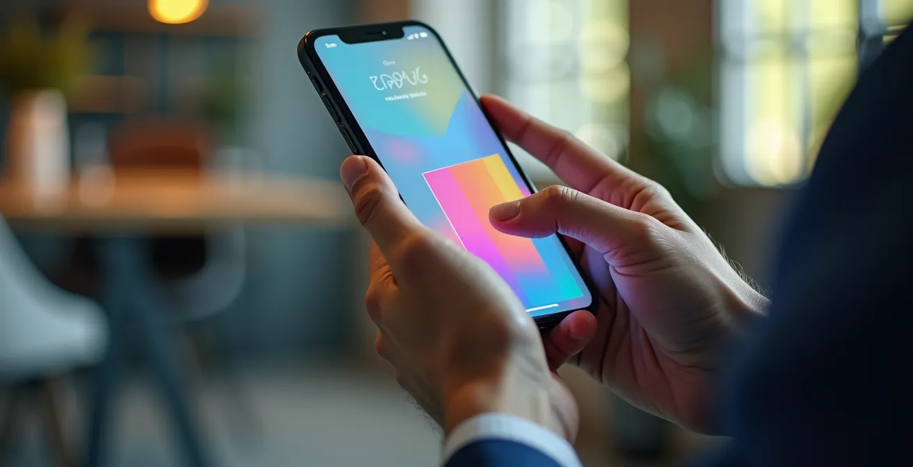 Main tenant un smartphone montrant des formes géométriques colorées représentant la structure d'un post, bureau moderne en arrière-plan flou