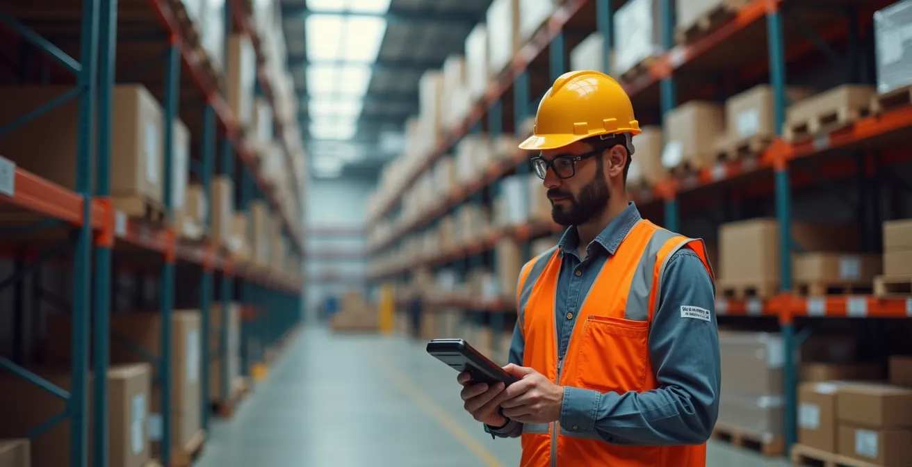 Vue d'un entrepôt moderne avec système de gestion des stocks connecté