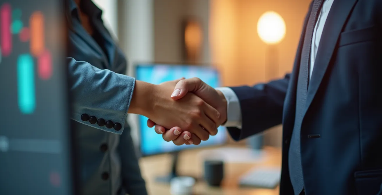 Poignée de main professionnelle symbolisant la résolution collaborative d'un problème