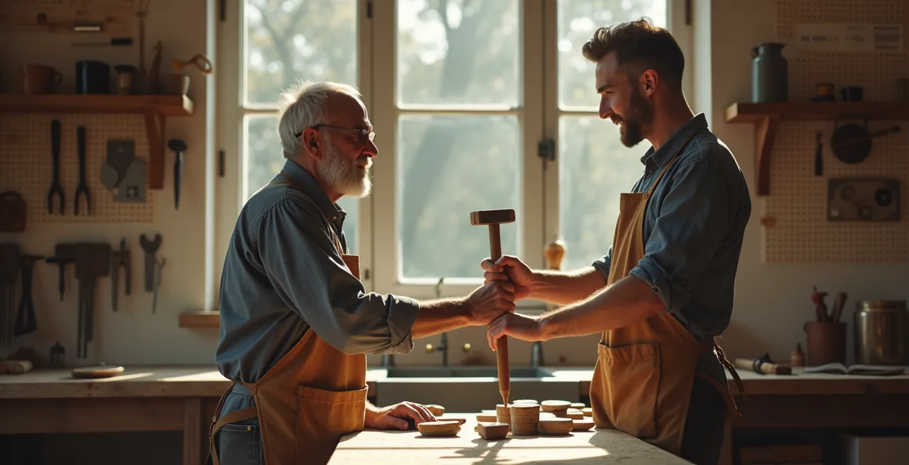 Passage de flambeau symbolique entre générations dans un atelier artisanal