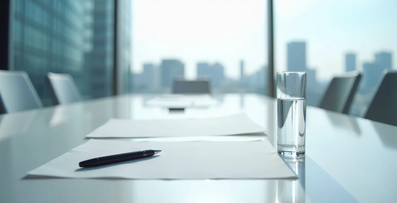 Environnement de bureau minimaliste avec documents contractuels flous et stylo posé sur une table