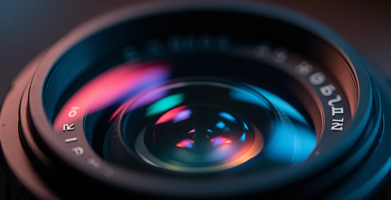 Gros plan macro sur objectif de caméra professionnelle avec reflets lumineux, arrière-plan flou suggérant un environnement de tournage