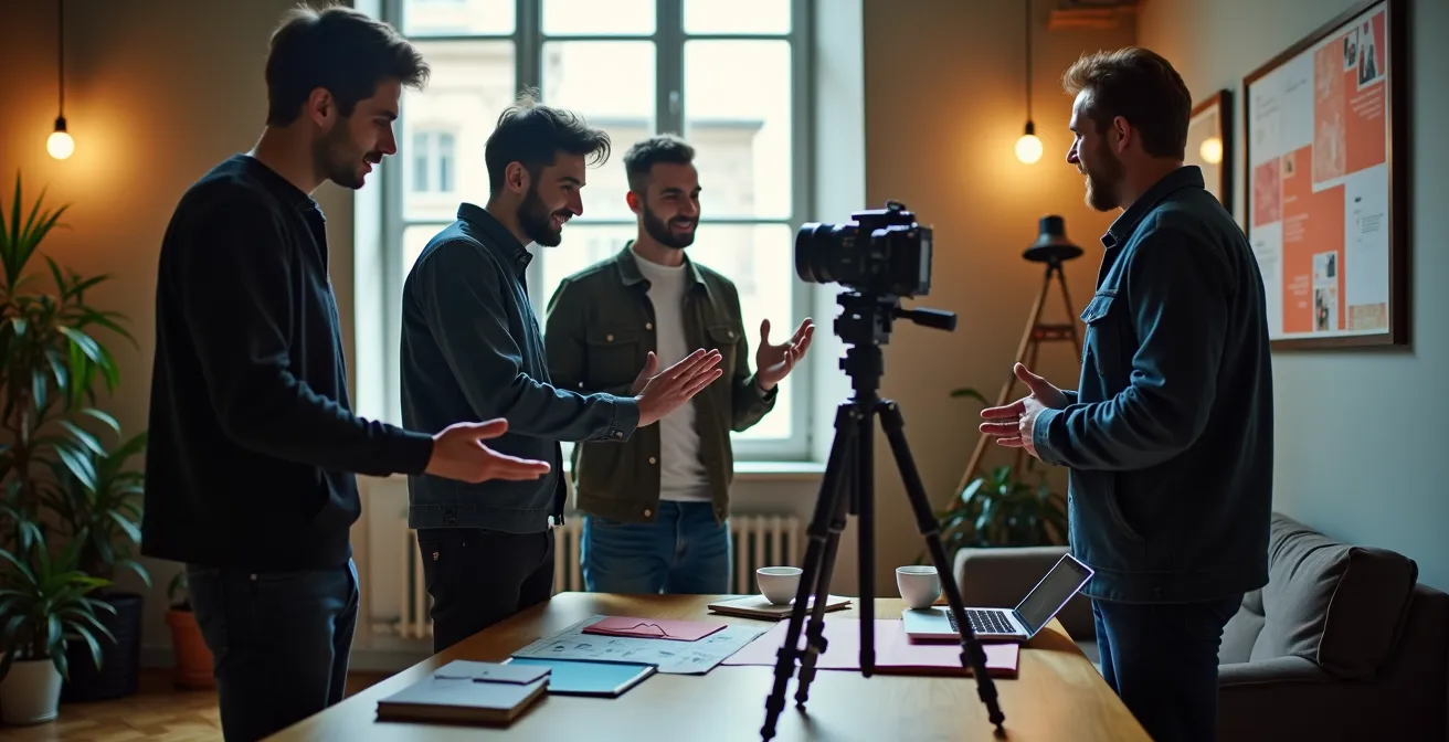 Équipe de startup filmant leur vidéo de présentation pour une campagne de financement participatif